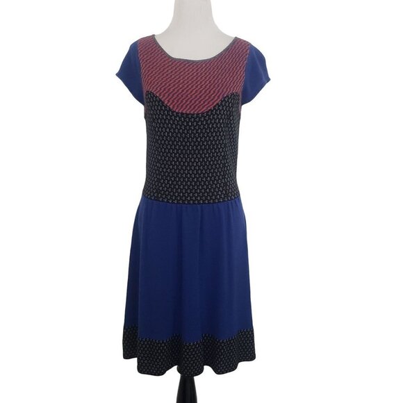 Anthropologie Wool Knit Dress Mixed Print Polka Dot Blue Pullover Womens Small - Picture 1 of 9